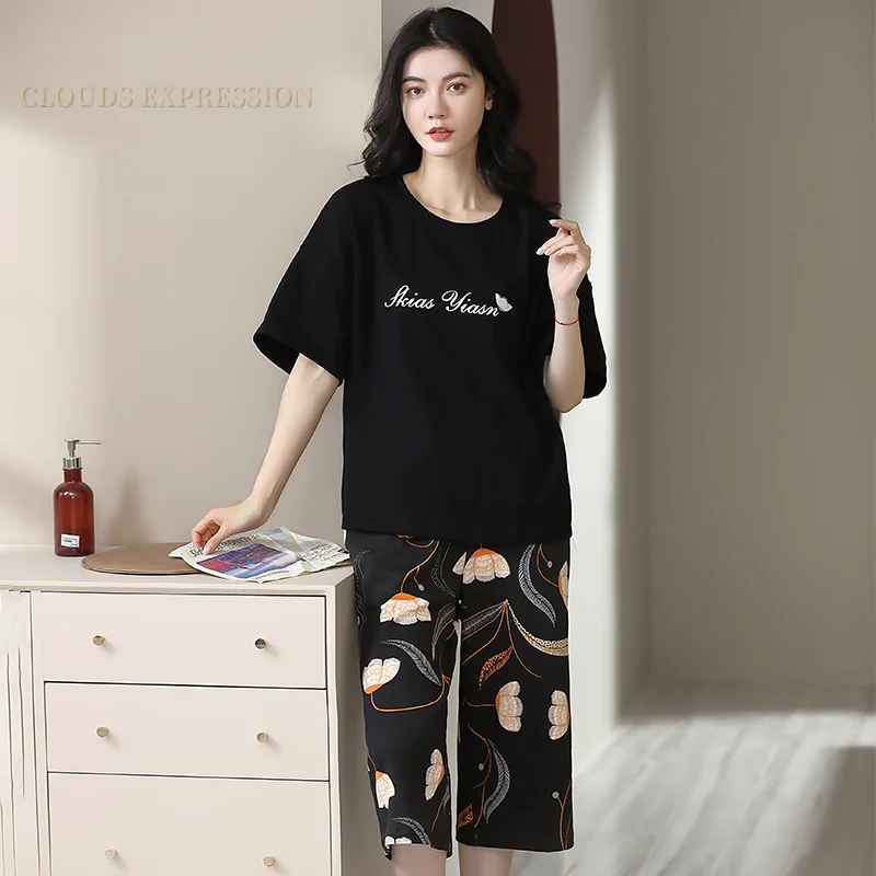 Summer  Elegant Women Floral Pajama Sets Short Sets Capris Knitted Cotton Sexy Black Sleepwear FemalePajamas Lounge Pijama Mujer