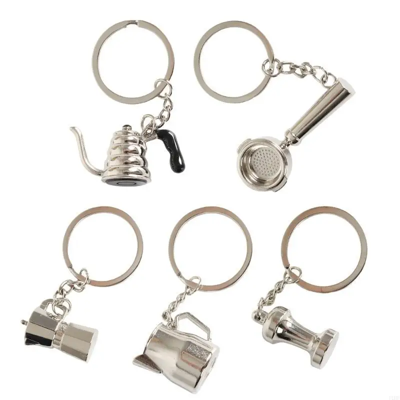 J1HF Set of 5 Metal Keychain of Espresso Portafilter Coffee Machine Keychain Coffee Theme Bag Pendant Charm for Coffee Lovers