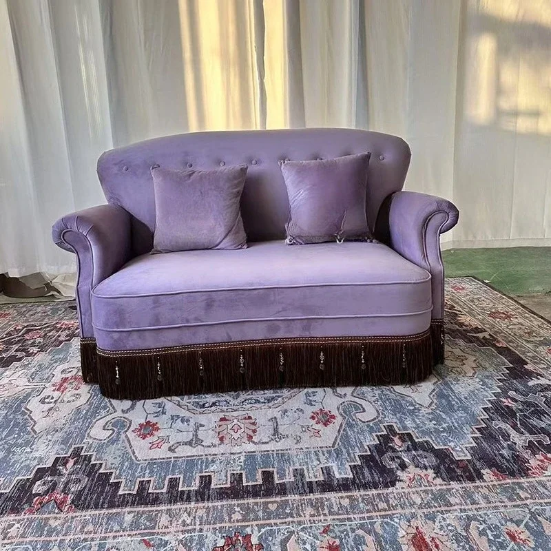 French retro velvet three-person sofa small apartment purple living room American buckle fabric sofa