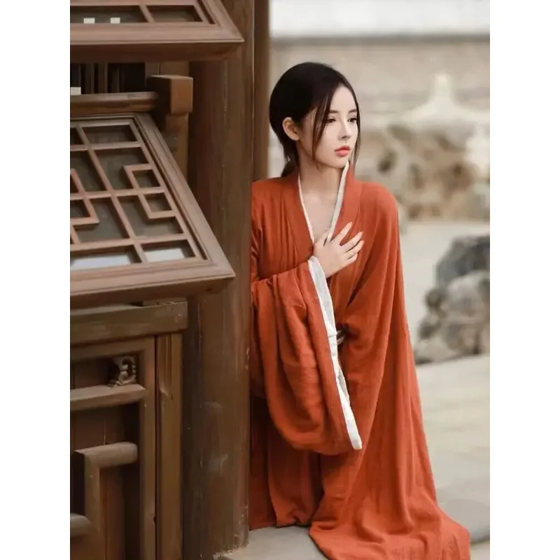 Vestido Hanfu de algodón y lino para mujer, traje tradicional chino de 2 uds, disfraz de Hanfu para Halloween, ropa para el hogar de otoño, bata roja de talla grande