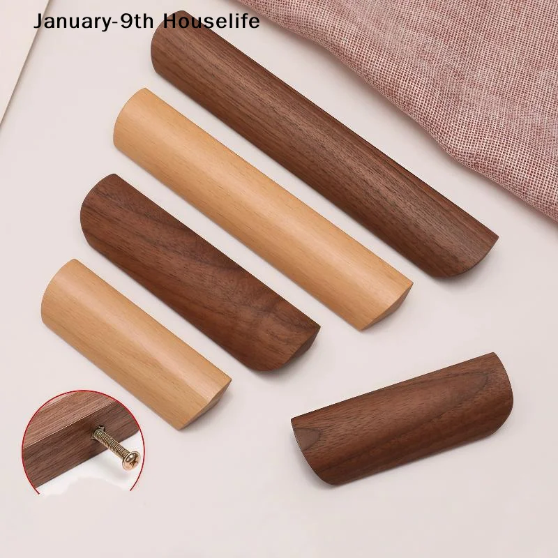 1Pcs Nordic Wooden Furniture Handles Drawer Pulls Solid Walnut Kitchen Cabinet Handles Wardrobe Wood Knobs With Screws