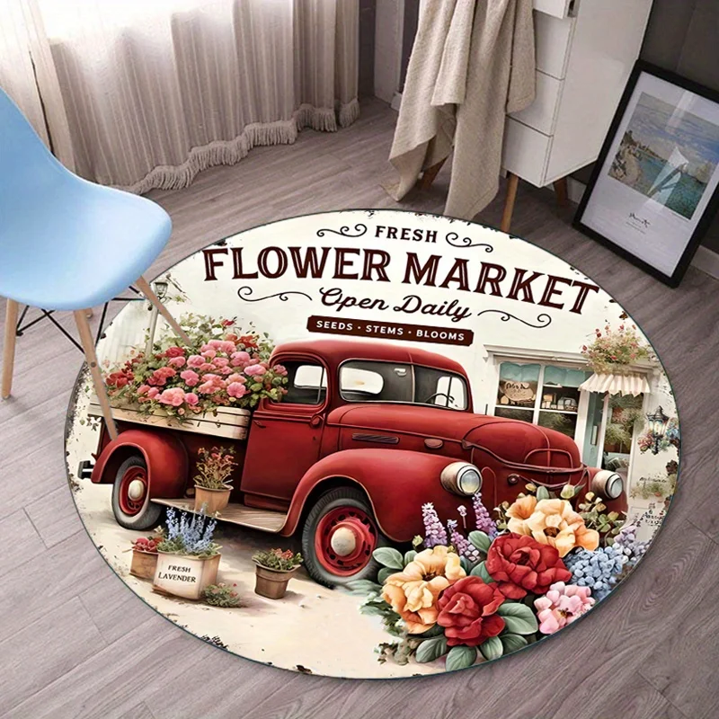 Vintage red truck flower market round rug plush carpet bedroom living room decor floral retro style floor mat cozyhomedecoration
