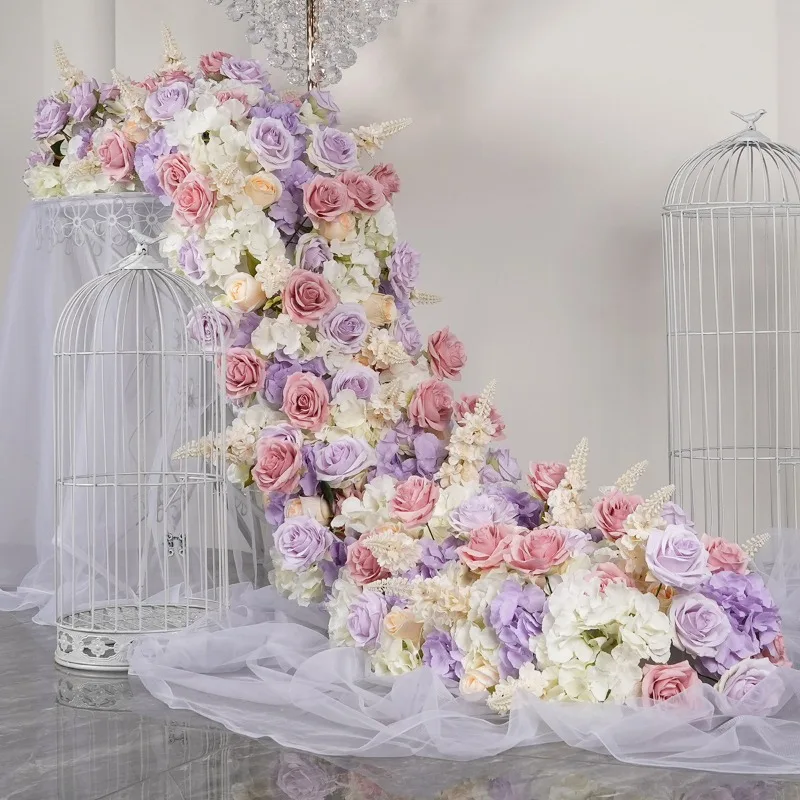 

Purple and pink long row of flowers hotel wedding decoration props wedding hall decoration flower row long table flower rose
