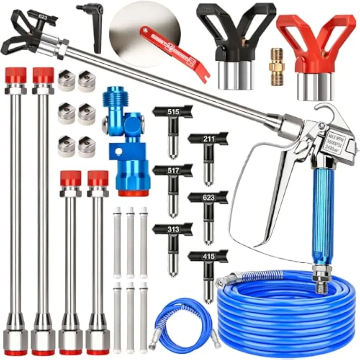 25-Piece Airless Spray Gun System with 50-Foot High-Pressure Hose, Six Interchangeable Tips, Twelve Filters, Four Extension Pole