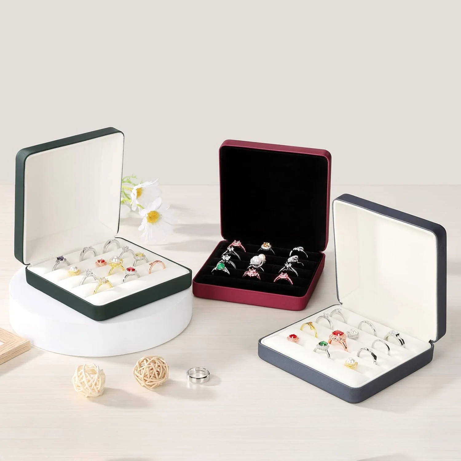 Velvet Leather Multiple Rings Storage Box Portable Travel Organizer Stylish Compact 3-Slot Holder Perfect Gift for Women Girls