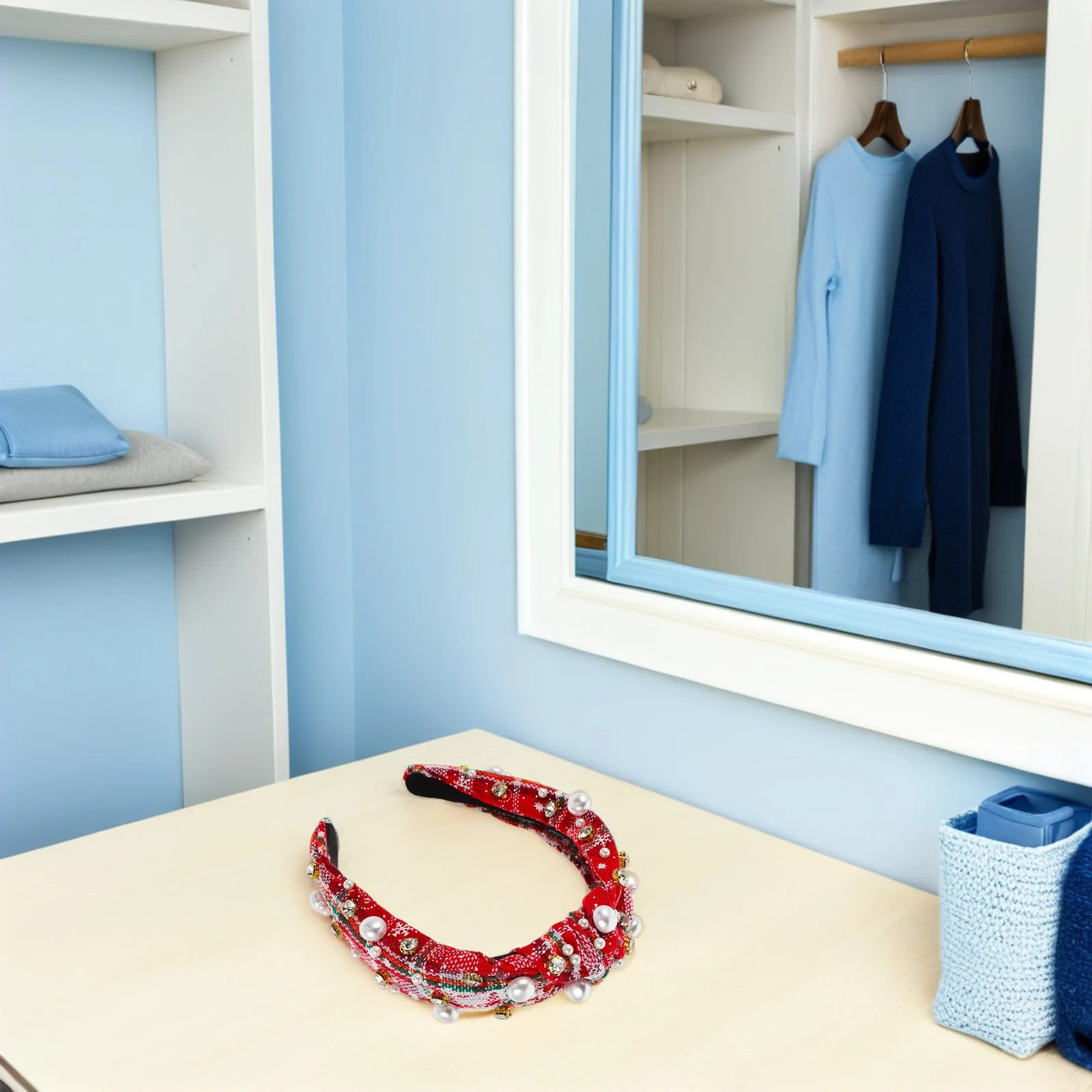 

Christmas Pearl Headband For Women Wide Knotted Rhinestone Hairband Vintage Embellished Holiday Party Accessory Fabric