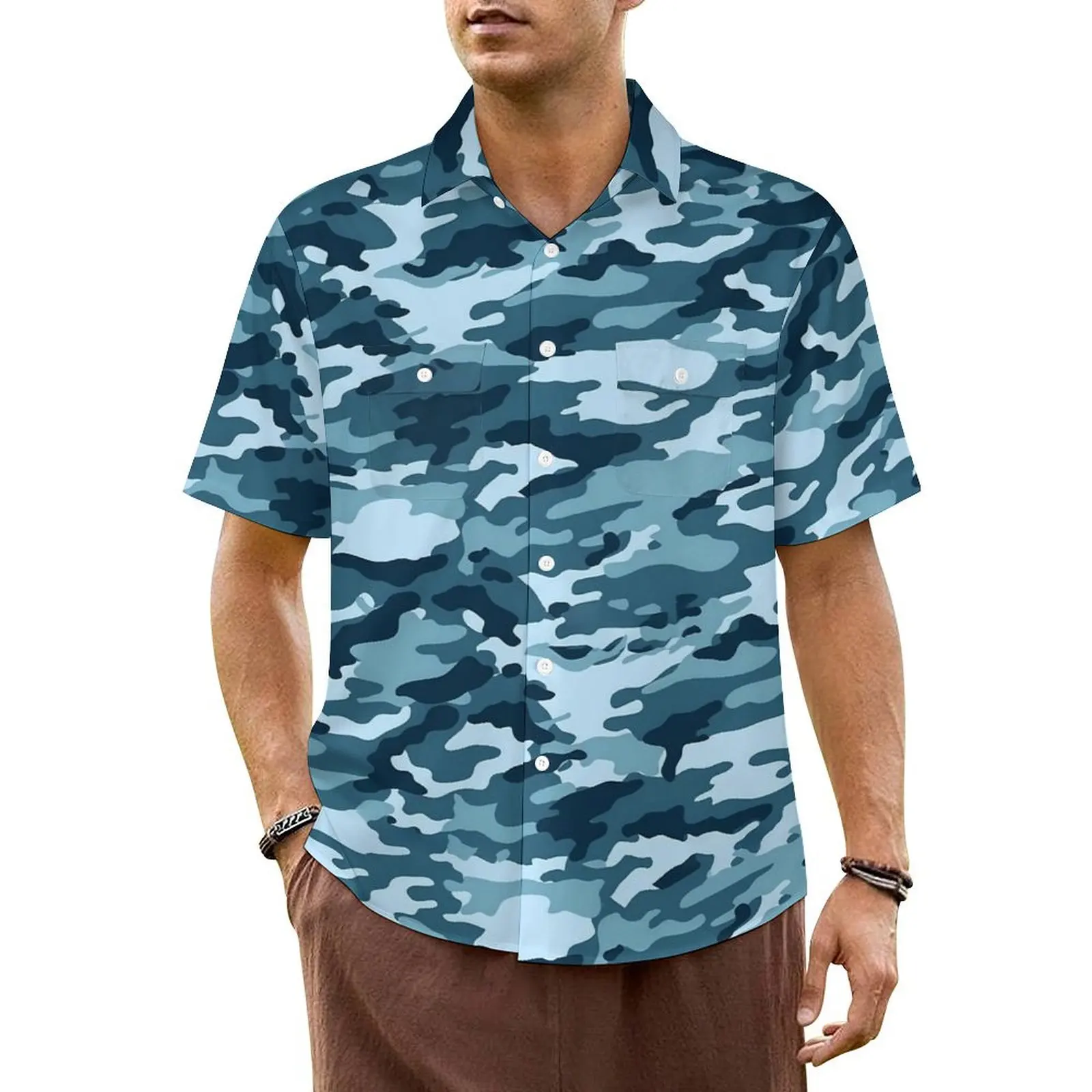 

Blue Camo Casual Shirt Camouflage Print Elegant Hawaiian Shirts Men Short Sleeves Beach Streetwear Pattern Oversized Blouses