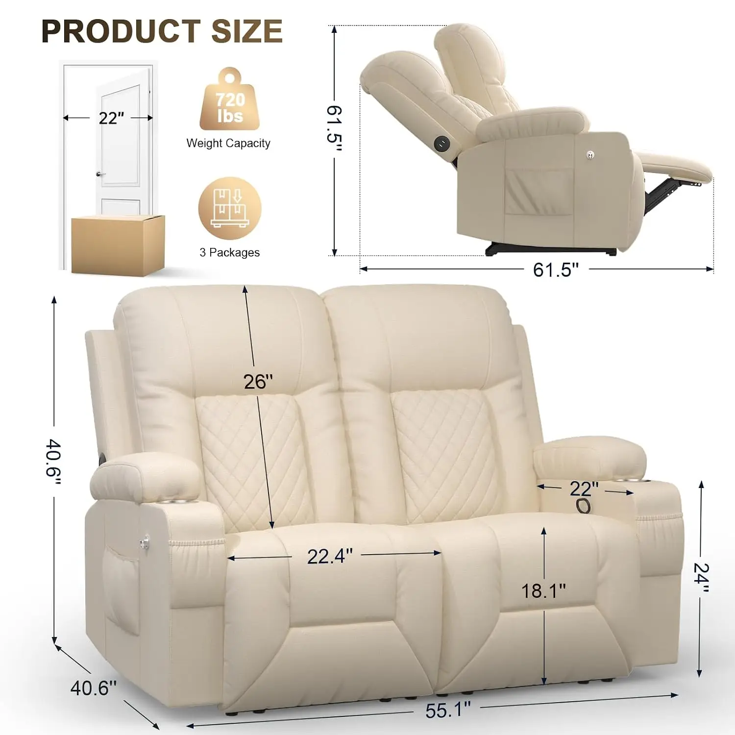 Loveseat Recliner Sofa with Storage, USB Ports, Cell Phone Holders, Cup Holder, Living Room Home Theater Seating, Customized