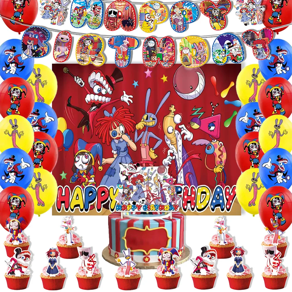 El increíble tema de circo Digital suministros de fiesta de cumpleaños decoración globo Banner telón de fondo Cupcake Topper para niños regalos para niños