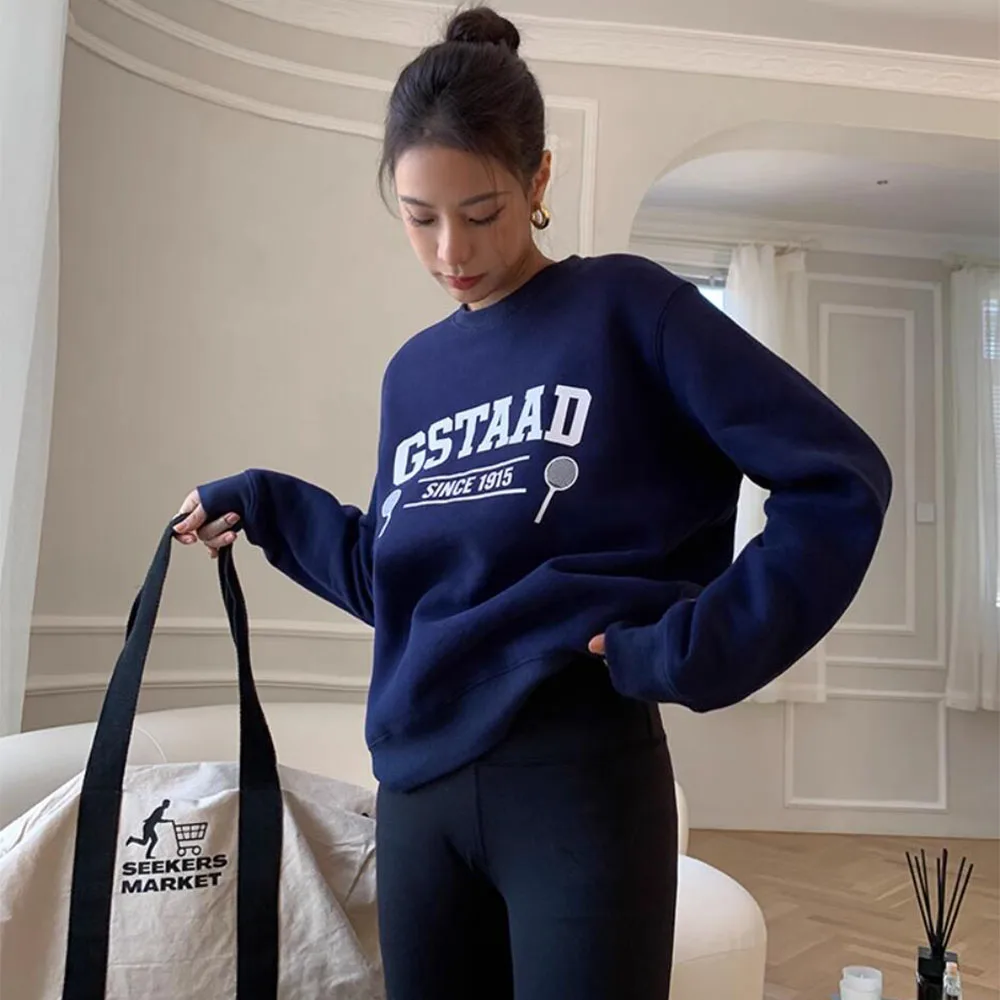 Gstaad Since 1915 Vintage Letters Printing Crewneck Sweatshirts Women Autumn Navy Long Sleeve Loose Cotton Thick Warm Pullover