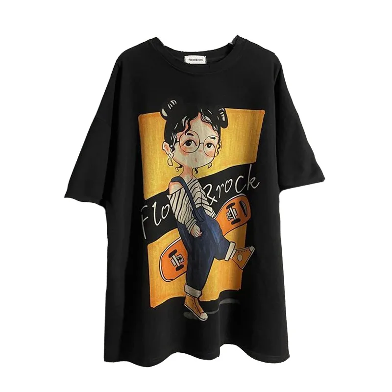 Large Size Short Sleeve T Shirt Women Loose Summer Y2k Casual Korean Lovers Cartoon Trend Skateboard Girl Plump Covering Tops