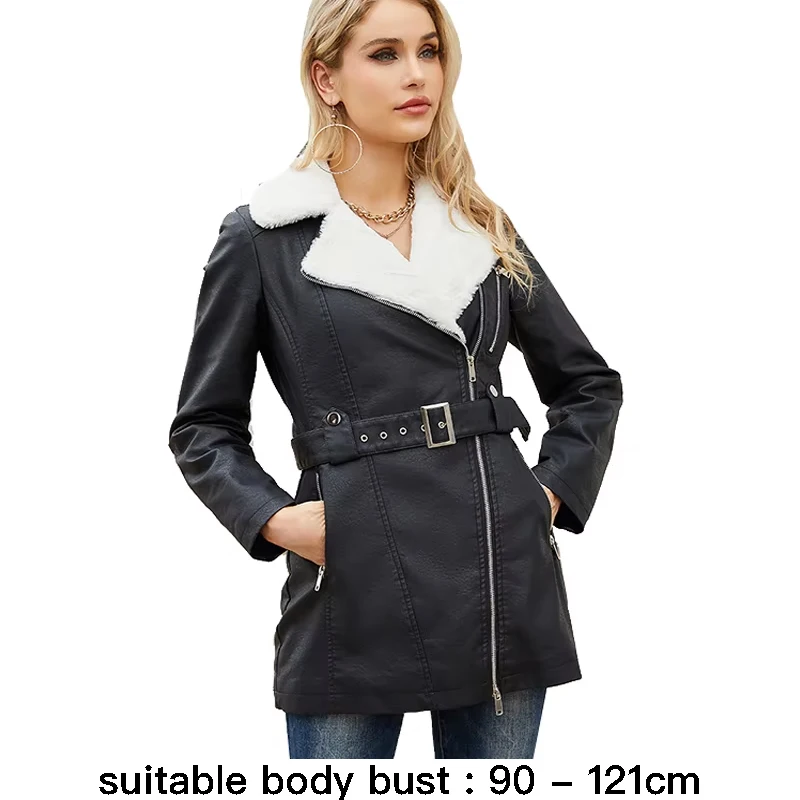 

High quality leather trench coat for women big size plush lining with belt new winter 2024 elegant clothes - black brown blue