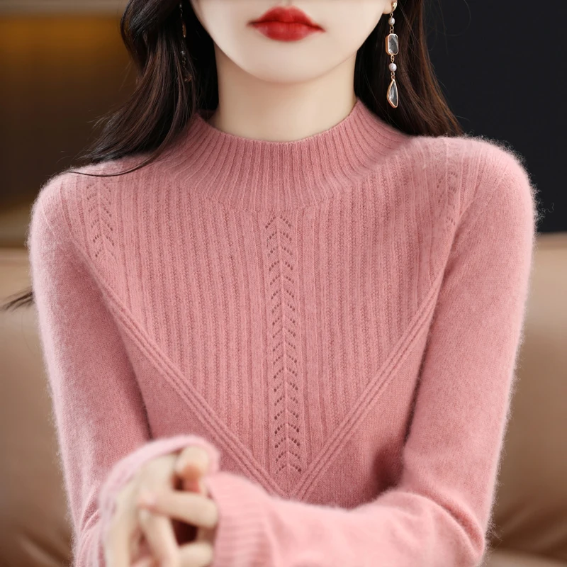 

Fall Winter New Woolen Sweater Women's Semi-Turtleneck Solid Color Hollow 100% Woolen Sweater Versatile Knitted Bottoming Shirt