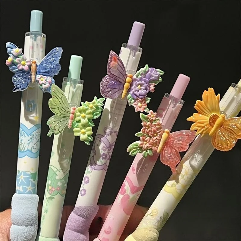 5-Piece Set of Black Gel Pens with Random Colors and Floral Butterfly Designs, High-Quality for Office and Study Use, Suitable for Multiple Scenarios, Ins-Style, Aesthetically Pleasing, Girly, Exam-Friendly, Super Soft, Quick-Drying, and Ideal for Writing Practice