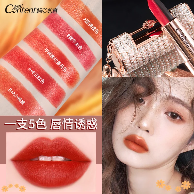 5 In 1 Colors Lipstick Matte Velvet Sexy Red Lip Tint Smooth Long Lasting Waterproof Easy to Wear Magic Lip Makeup for Women