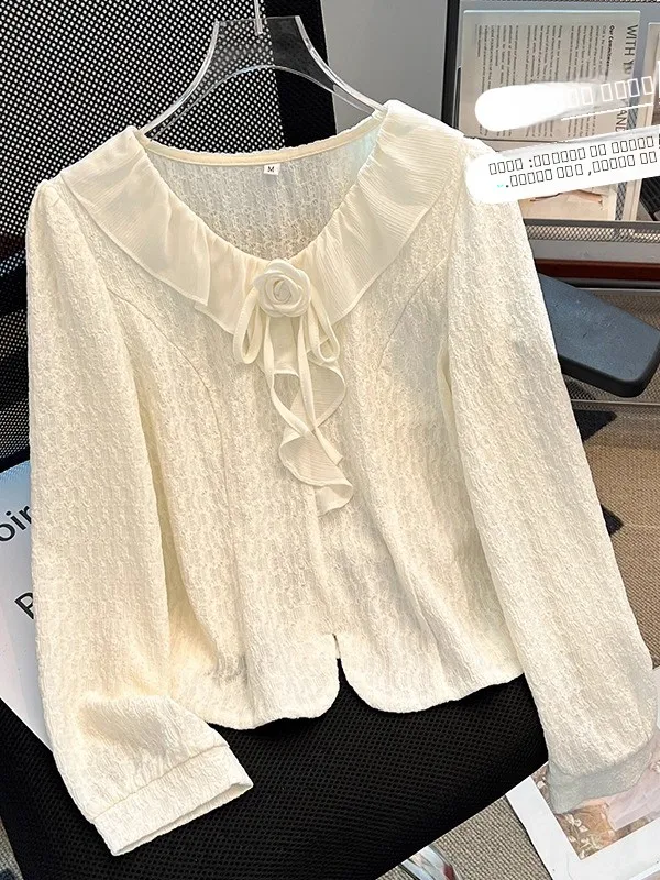 

French Sle Long Sve Lace irt Women's Sweet Bow Tie Floral Embellied Breathable Casual Top Trendy Youthful Blouse