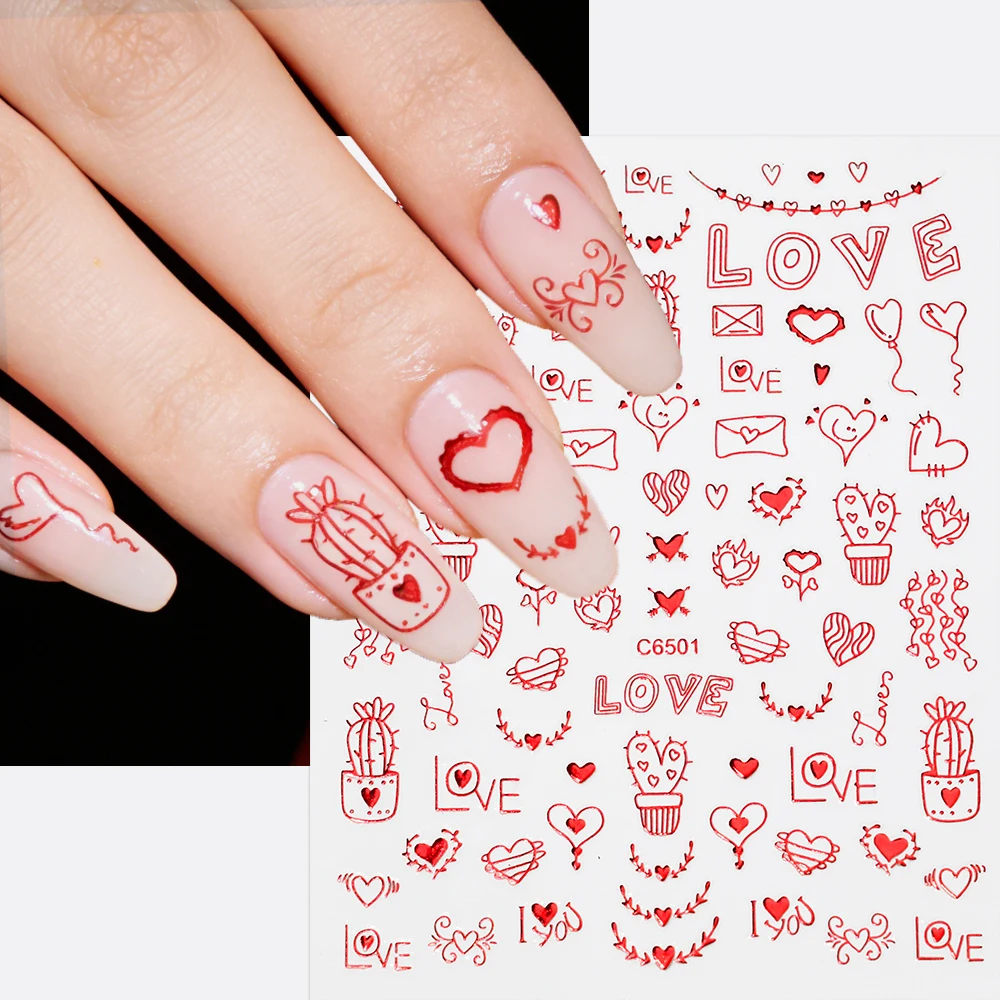 4sheets 3D Bronzing Red Valentines Letters Nail Stickers Heart Love Abstract Flower Design Nail Decals Sexy Self-Adhesive Slider