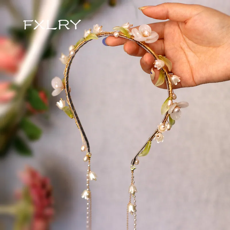 

FXLRY Original Design Handmade Natural Pearl Mori Lily Of The Orchid Tassel Headband Headband Press Hairpin Headwear Accessorie