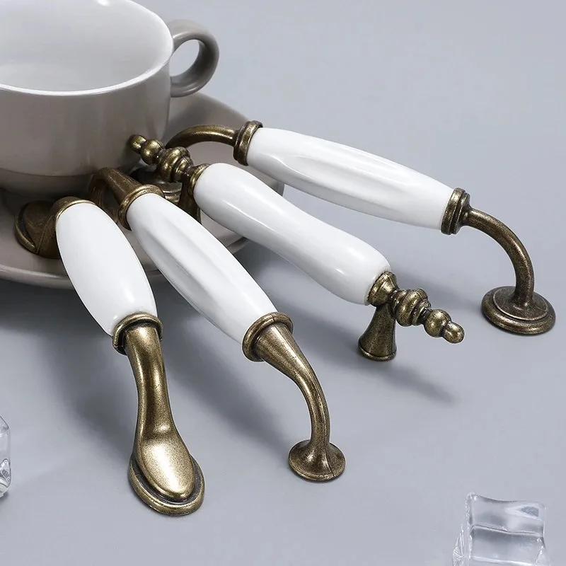 Ceramic Zinc Alloy Furniture Handles White Kitchen Cabinet Knob Drawer Pull Handles Hole Center 76/96/128mm Kitchen Accessories