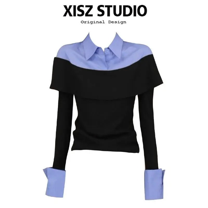 Y2K Preppy-style Tunic Blouse Contrast Color Patchwork Ruffles Polo Shirts Fake Two Piece Long Sleeve Slim Fit Korean Sweet Lady