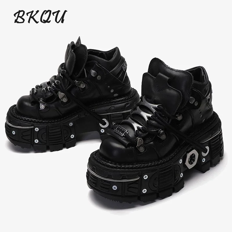 BKQU Spanish Fashion Brand New Daddy Men and Women Retro Heavy Metal Super Thick Platform Muffin Tank Bottom High Top Shoes