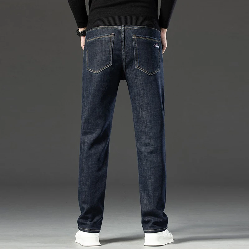 الرجال الخريف الشتاء صوف مبطن سميكة الجينز الذكور فضفاضة مستقيم مرونة الدنيم السراويل الدافئة الذكية بناطيل كاجوال #4