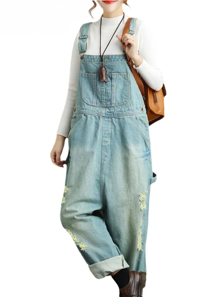 Amax luluE 2024 Wiosenne Jeansy Damskie Moda Luźne Dziurawe Ogrodniczki Damskie Codzienne Vintage Denimowe Spodnie Klasyczne Spodnie