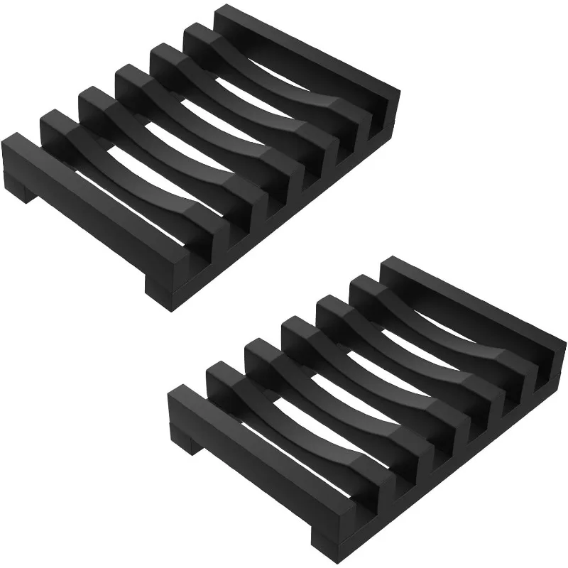 2-pack Silicone Soap Dish with Self-emptying Drainage Soap Holder for Kitchen Shower Room Bathroom (Black-)