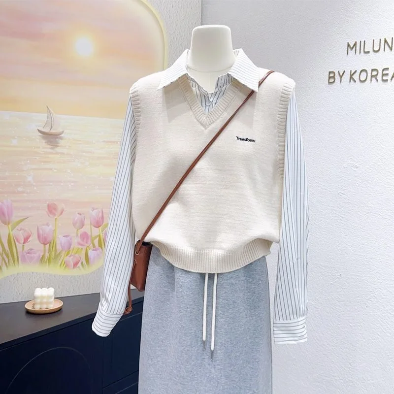 เสื้อสเวตเตอร์ถักคอปกโปโล ดีไซน์สองชิ้นหลอกๆ สไตล์ใหม่ ฤดูใบไม้ผลิและฤดูใบไม้ร่วง ปี 2025