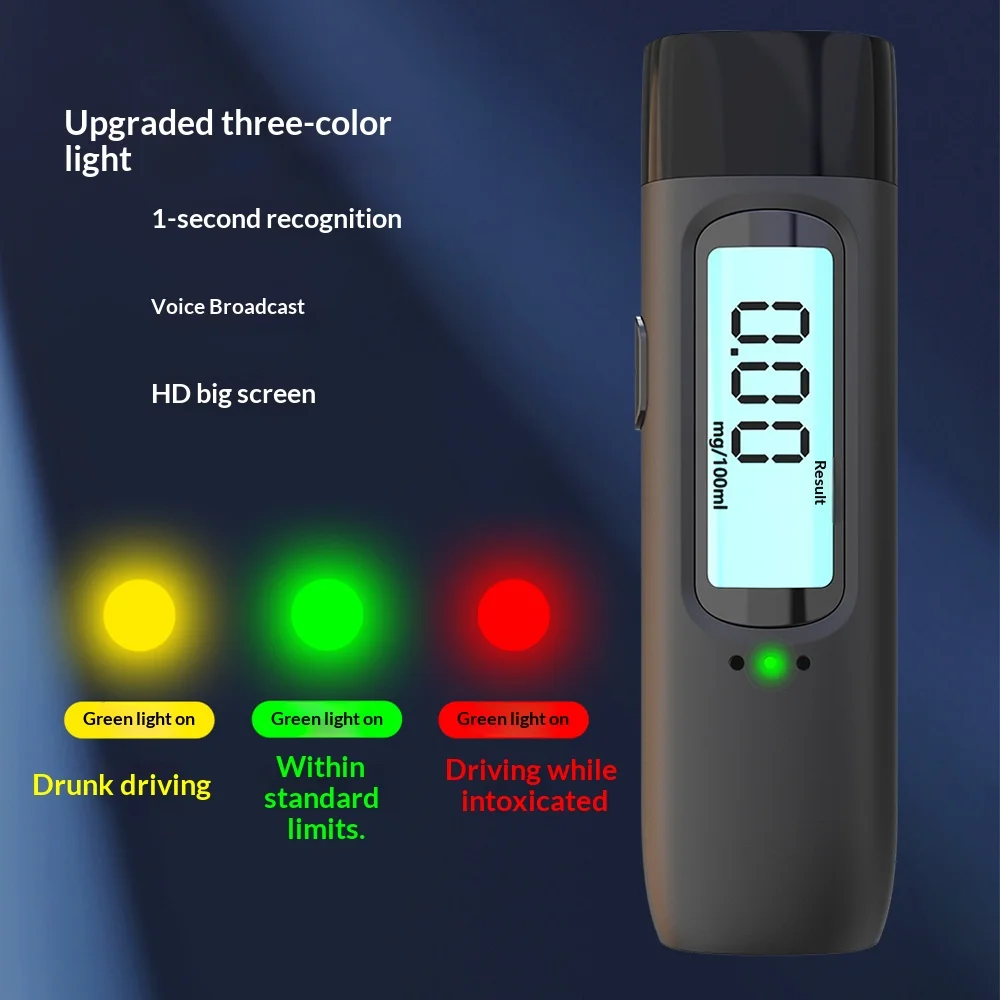 High-precision alcohol tester, portable breathalyzer with voice announcement, lithium-ion battery, display screen. Safe alcohol
