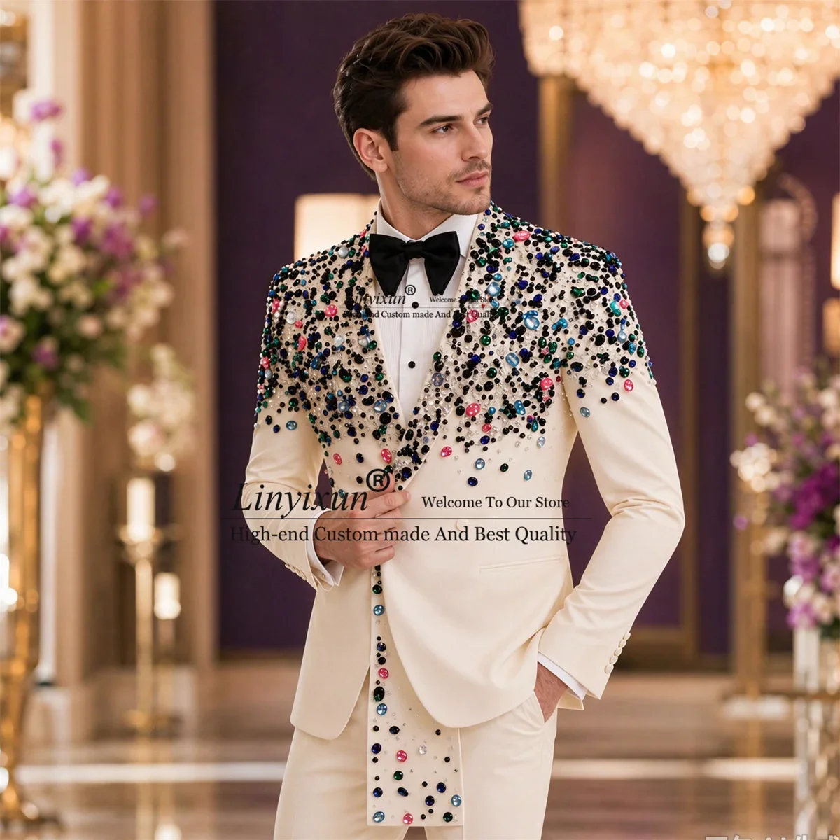 Luxury Rhinestone Diamond Men Suit With Belts Customized Groom Party Male Blazers 2 Piece Sets Tuxedo Wedding Costume Homme