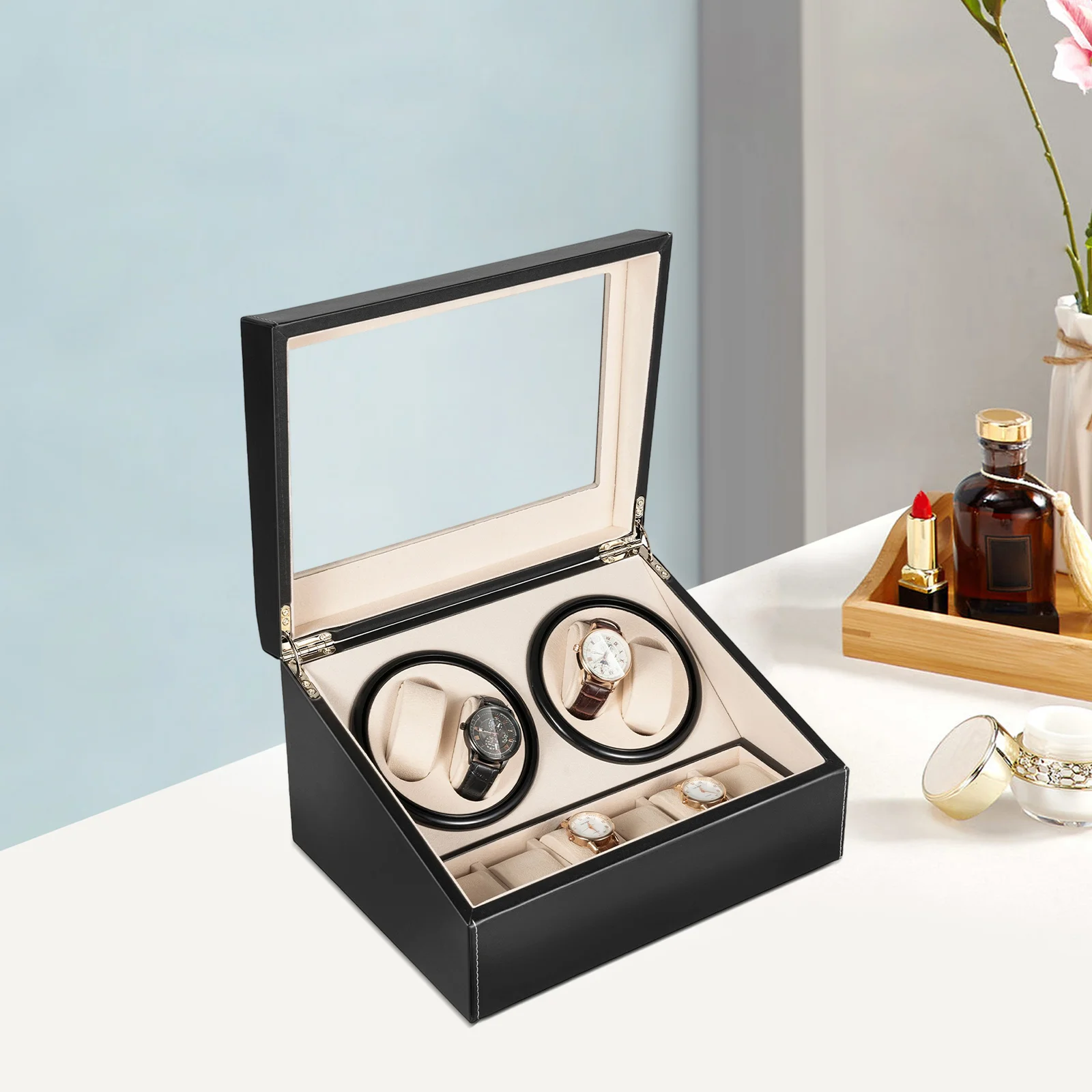 صندوق ملفاف ساعة أوتوماتيكي بمحرك هادئ مع 6 وسائد صلبة، صندوق عرض متعدد الوظائف لخزانة المنزل ومحبي الساعات