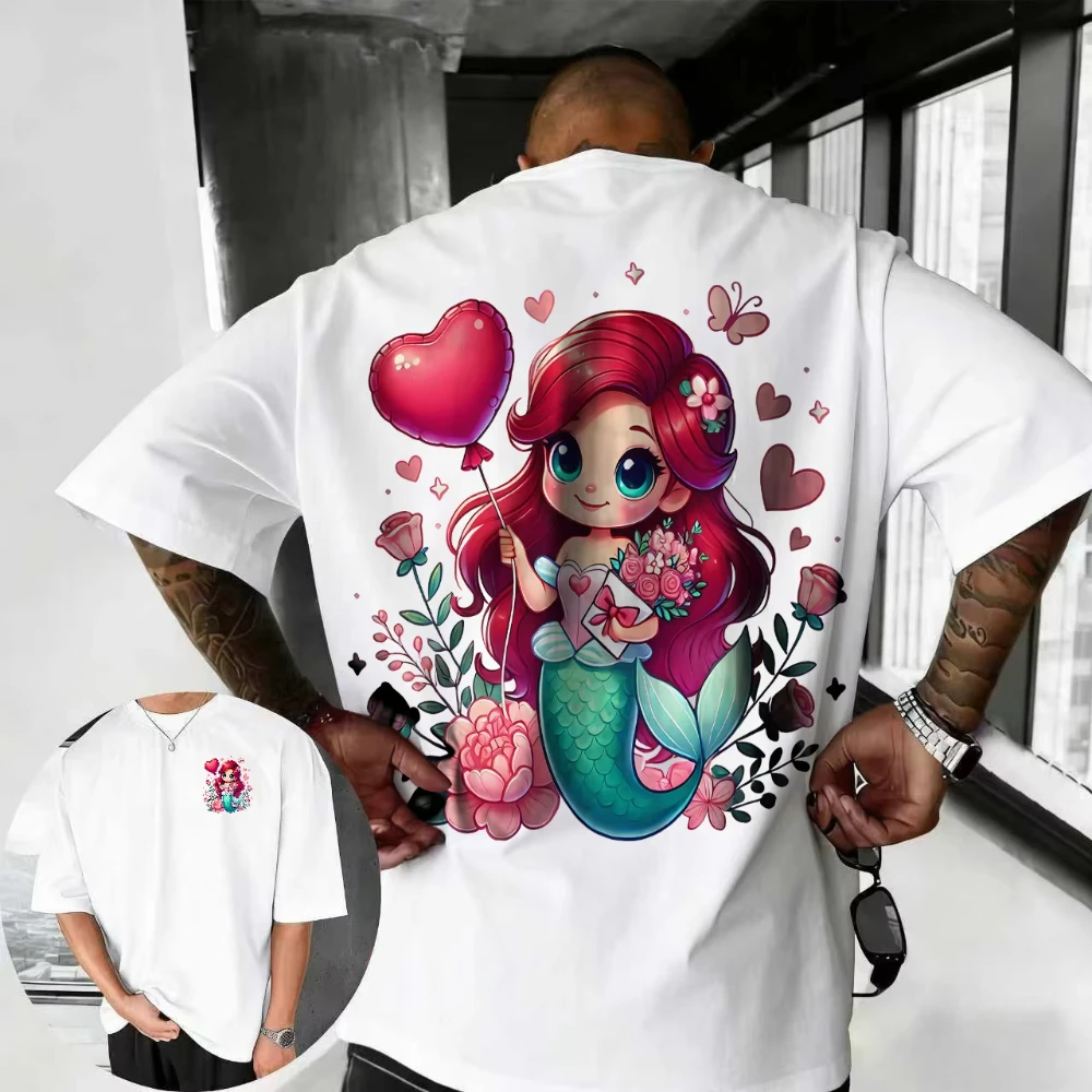 

2026 Summer Disney Cute Little Mermaid Print T-shirt, 100% Pure Cotton Short-sleeved Casual Loose Breathable Top, Unisex