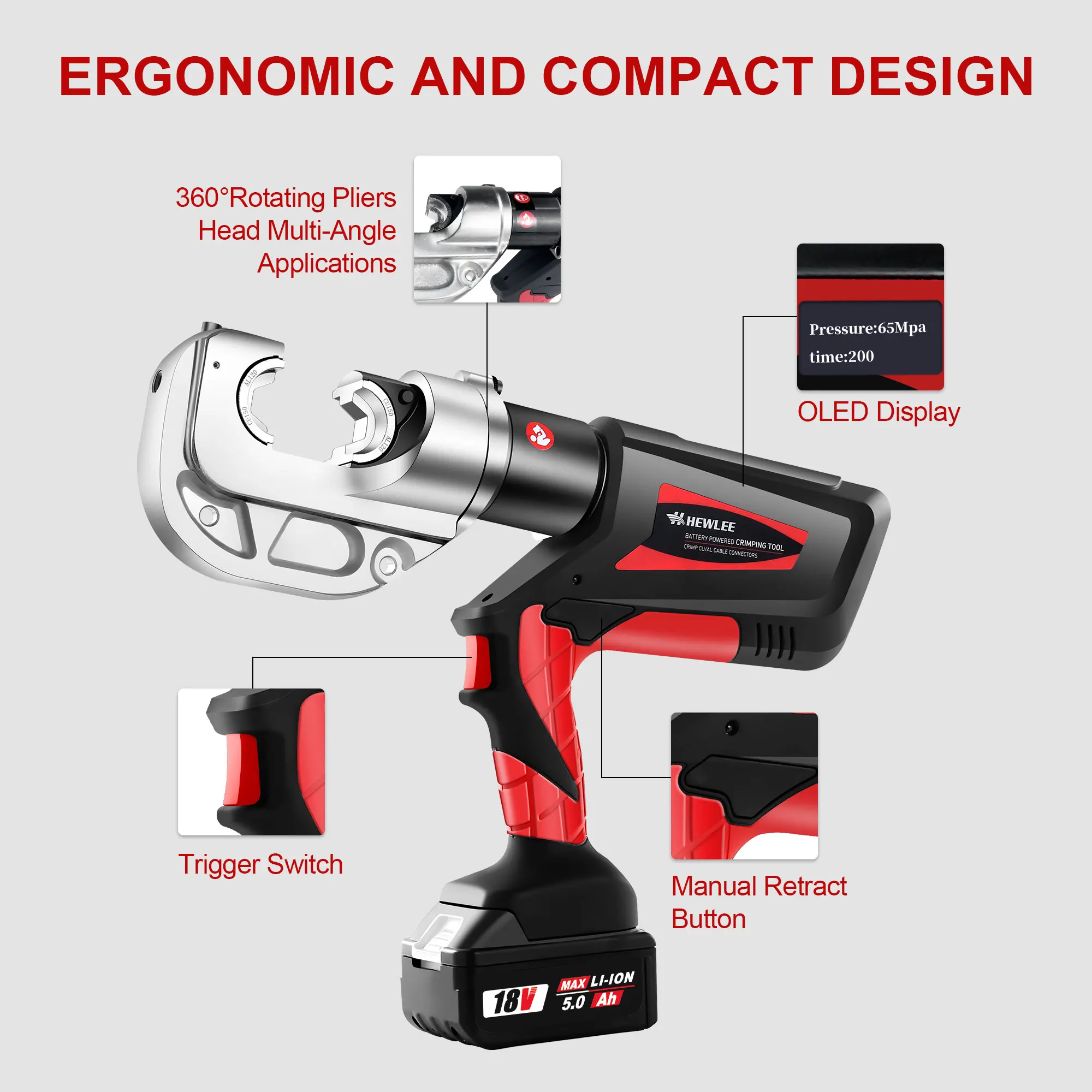 سلك كهربائي كابل المكشكش 12TON بطارية تعمل بالطاقة الهيدروليكية العقص أداة المدى 6AWG إلى 800MCM مع 12 يموت، كهربائيين ل Ci