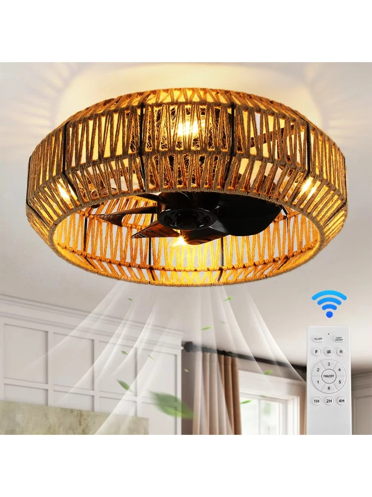 Creative American Braided Hemp Rope Fan Restaurant Brown Vintage Ceiling Fan Light