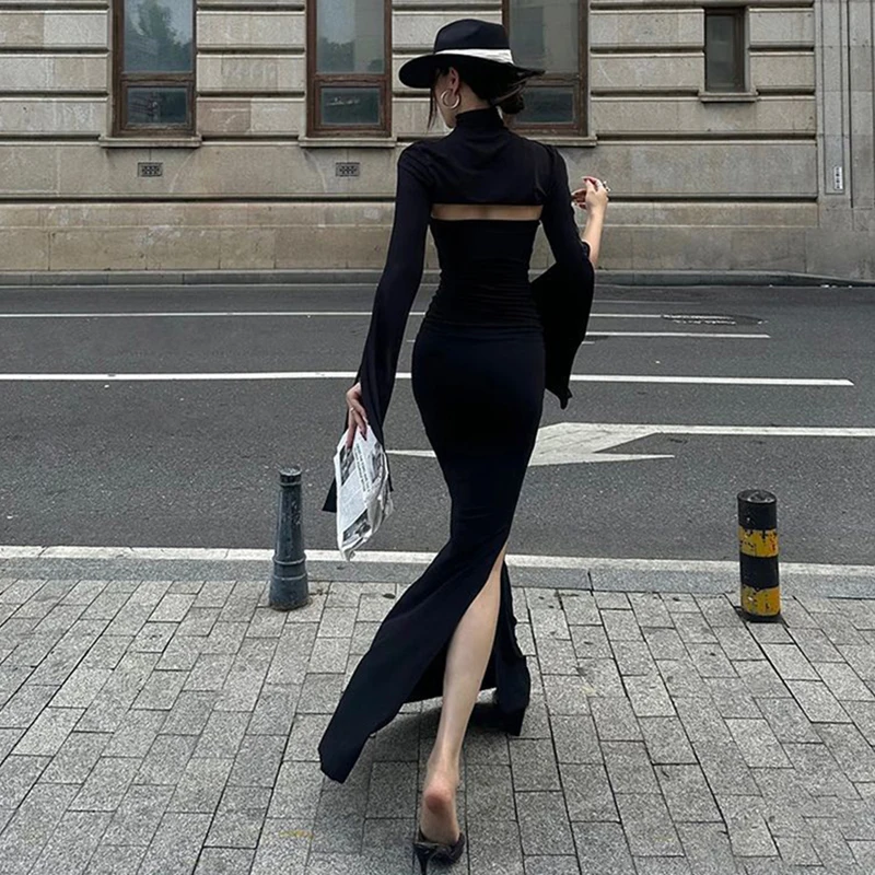 MEXZT Elegante Zwarte Lange Jurk Vrouwen Party Prom Sexy Hollow Out Slit Maxi Jurken Coltrui Gewaad Lange Mouw Bodycon vestidos