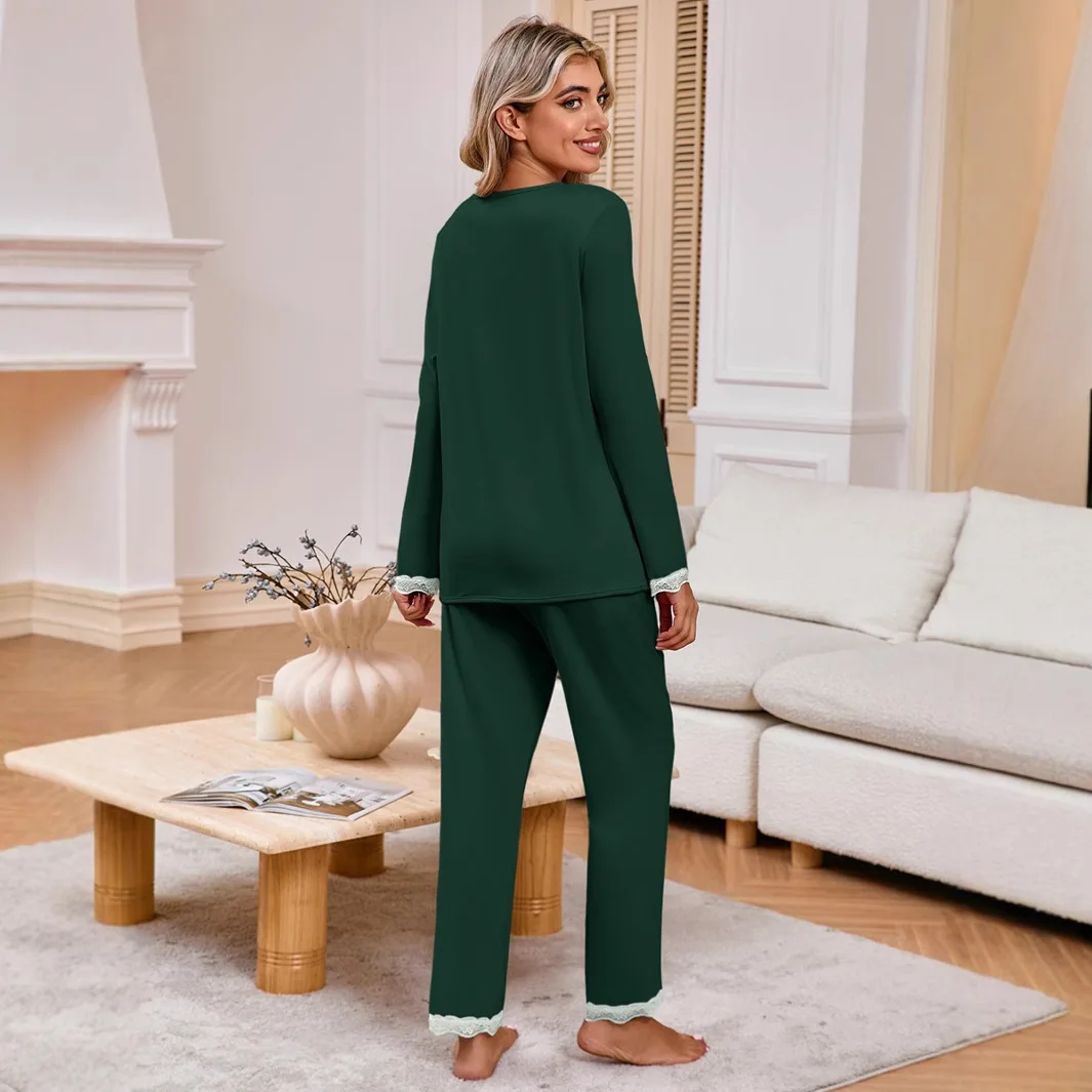 

Women's Casual Long Sve Lace Trim Open Cardigan Spwear Set Comfortable Home Clothes Long Pants round Ne Design