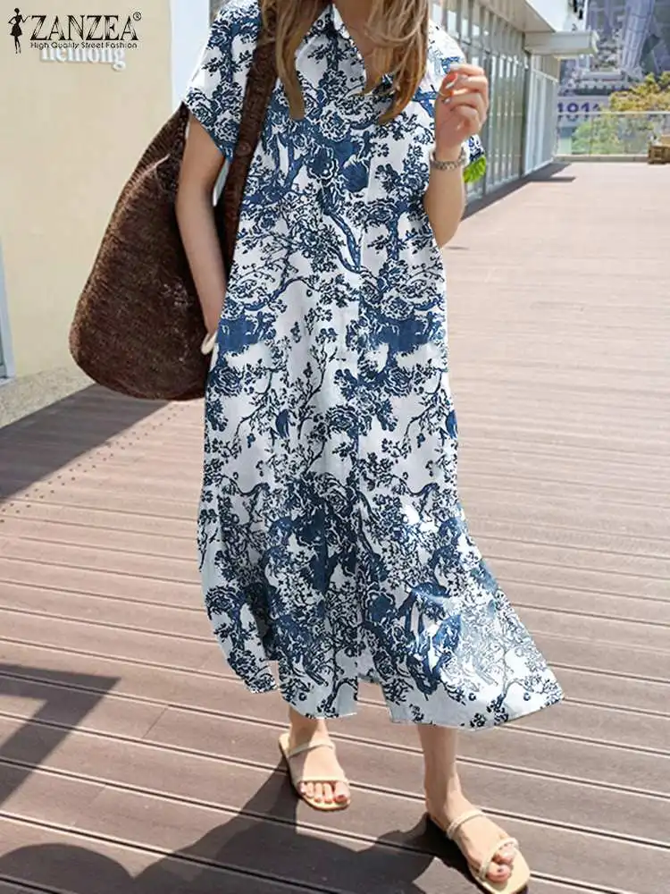 ZANZEA Women Summer Printed Dress Short Sleeve Lapel Side Pockets Sundress Bohemian Casual Elegant Beach Loose Holiday Robe 2023