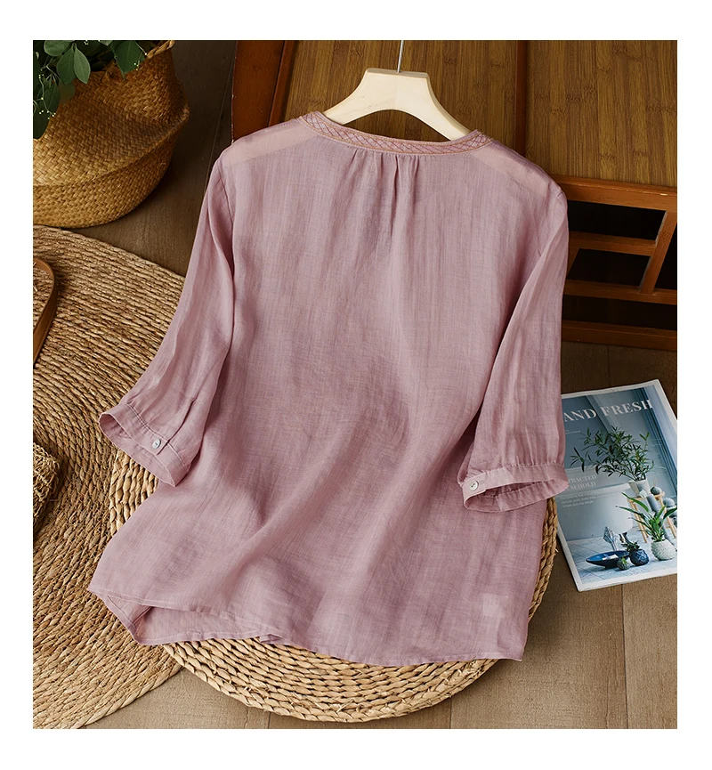 Embroidery Chinese Style Women Blouses Summer Cotto Linen Tops Loose Short Sleeve Clothing Sales V-neck Korean Women's Shirts