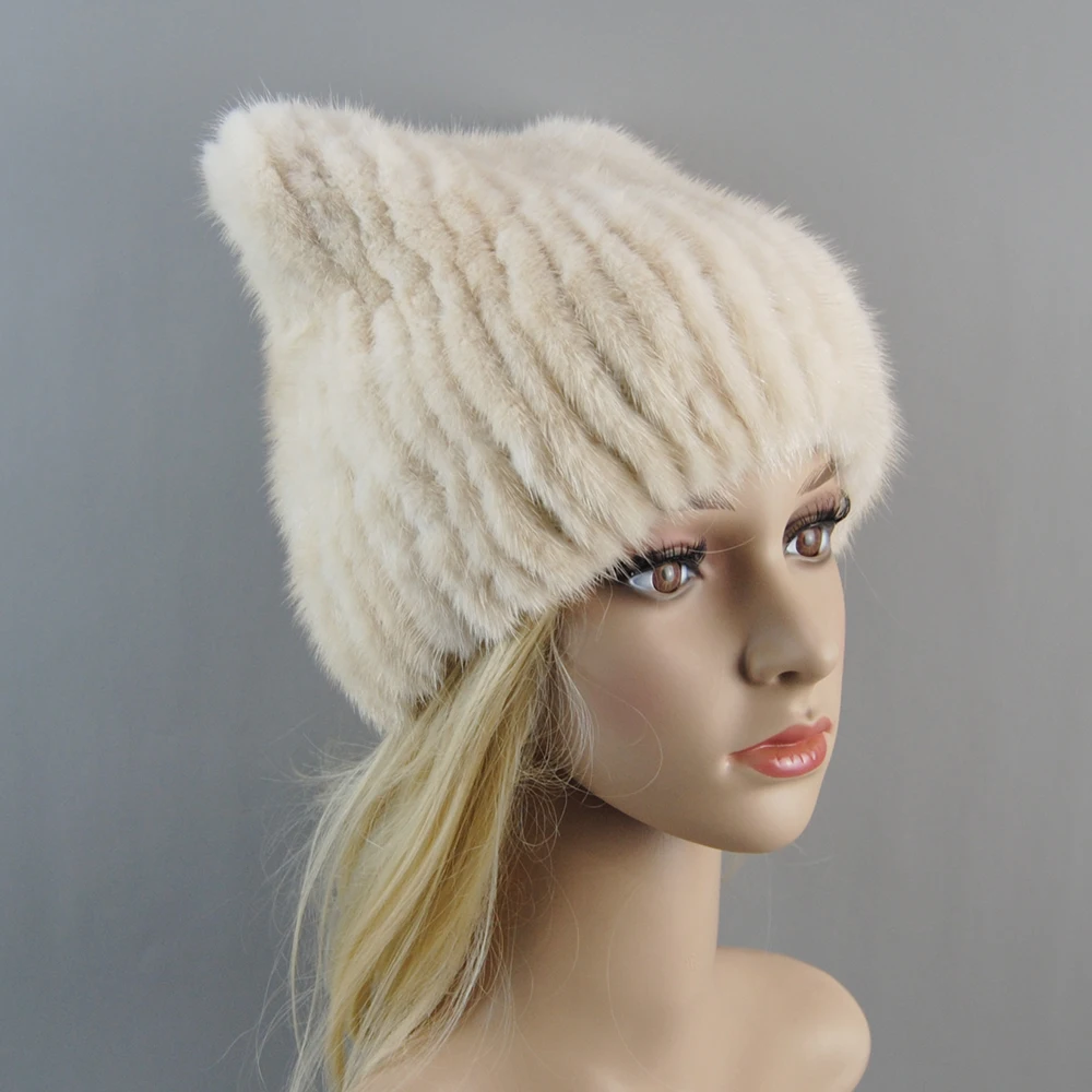 2025 New Luxury Women Handmade Knit Fashion Winter Warm Headwear Beanies Cap Fashion Genuine Real Natural Knitted Mink Fur Hat
