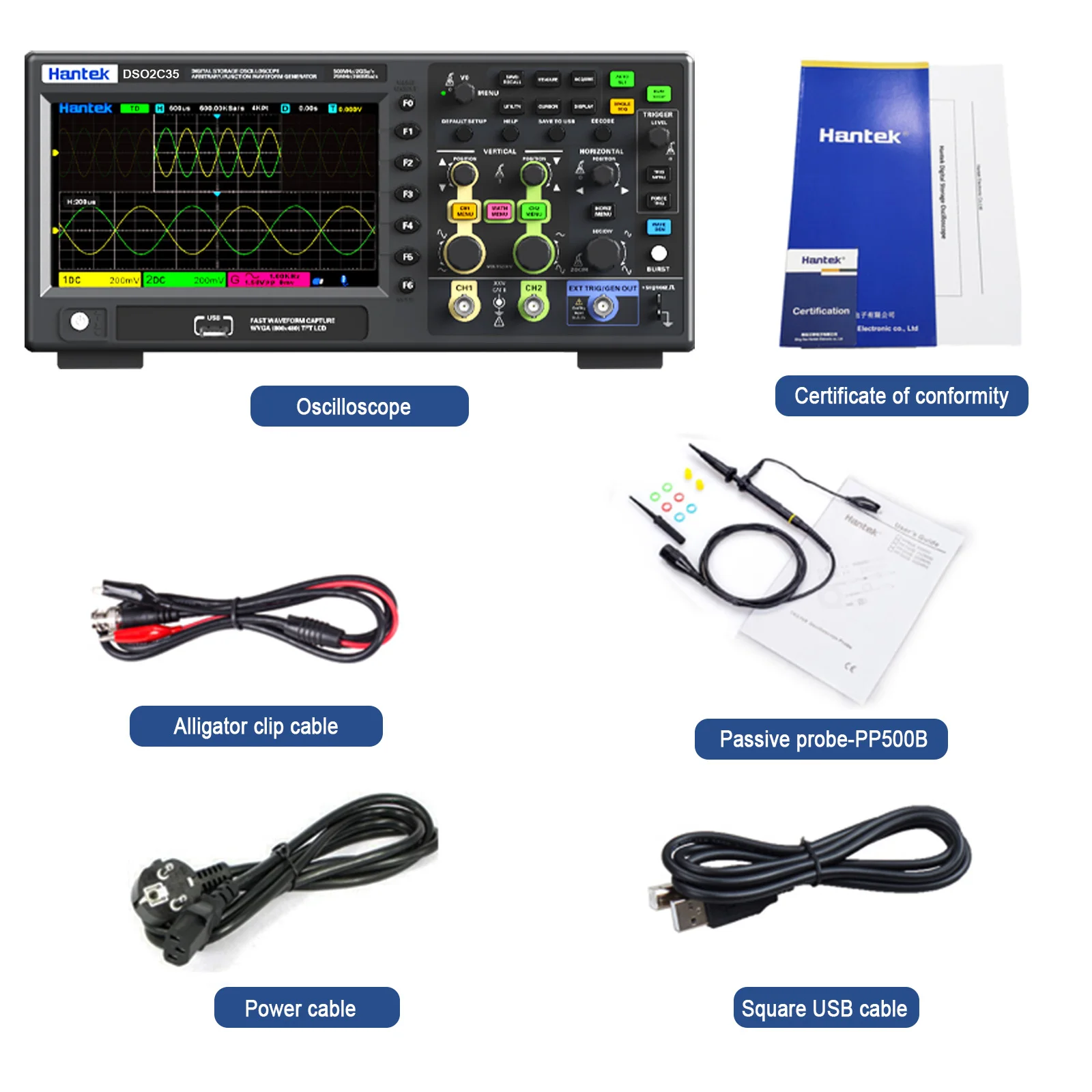مذبذب رقمي من Hantek Lab 200/350/500 ميجا هرتز، 2CH/2CH + 1CH، 2GSa/s 80K USB محمول DSO2C35/DSO2C50/DSO2D20/DSO2D35/DSO2D50