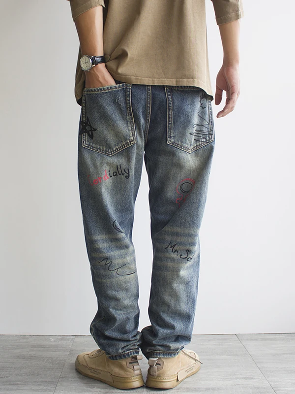 ขนาด 40 พิมพ์ Graffiti ฤดูใบไม้ร่วงผู้ชาย DENIM กางเกงยีนส์ Streetwear ตรงขนาดใหญ่หลวม Fit Stylish กางเกงอเนกประสงค์สําหรับฤดูใบไม้ผลิ