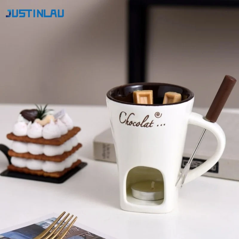 JUSTINLAU-Mini Taza de cerámica para Fondue con tenedor, macetas personales para Fondue de 130ML, Chocolate, queso, helado, Kit para hacer Fondue, vajilla