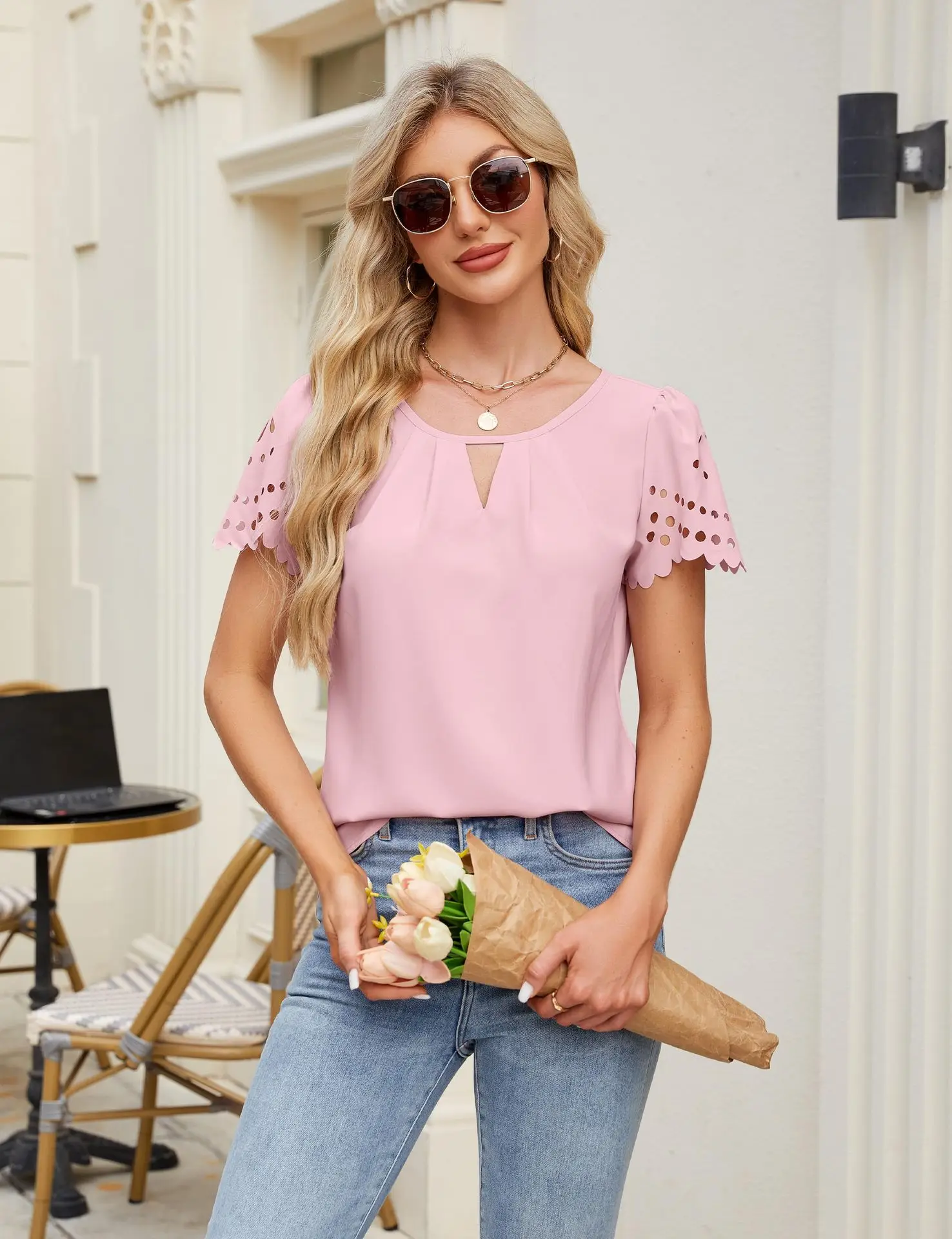 

Leisure Vacation Style Embroidered Short Sleeved Women's T-Shirt Summer Round Neck Hollow Pattern Solid Color Chiffon Top