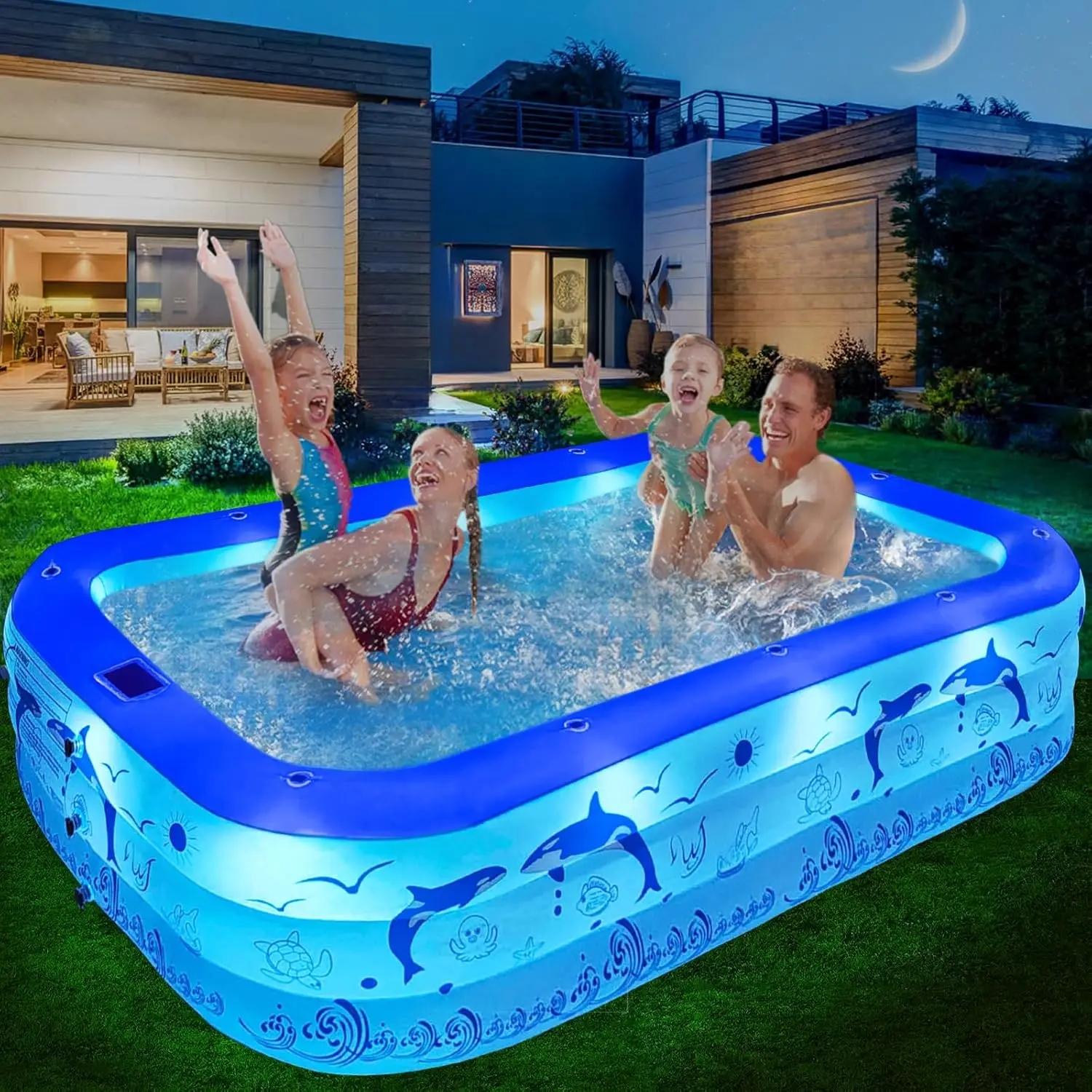 

Inflatable Pool with Lights,2024 Upgraded Family Inflatable Swimming Pool for KidsAdults,Blowup Pool Solar Powered,Large Kiddie