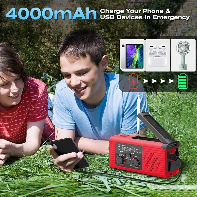 A25R-Emergency Radio Hand Crank Radio Multi-Function AM/FM/NOAA Solar Hand Crank Emergency Radio SOS Alarm 4000Mah