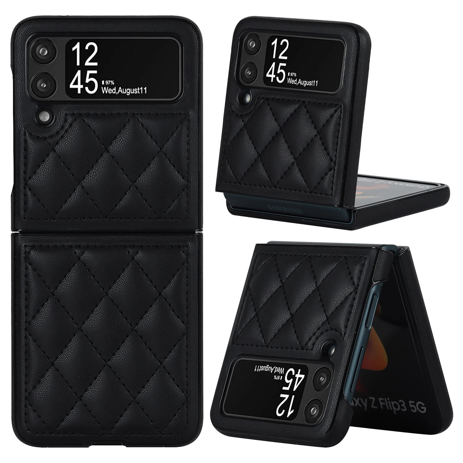 Galaxy Z Flip 6 5 4 3 Luxury Leather Rhombus Phone Case for Samsung Z Flip6 Flip5 Flip4 Flip3 Protective Shockproof Shell Cover