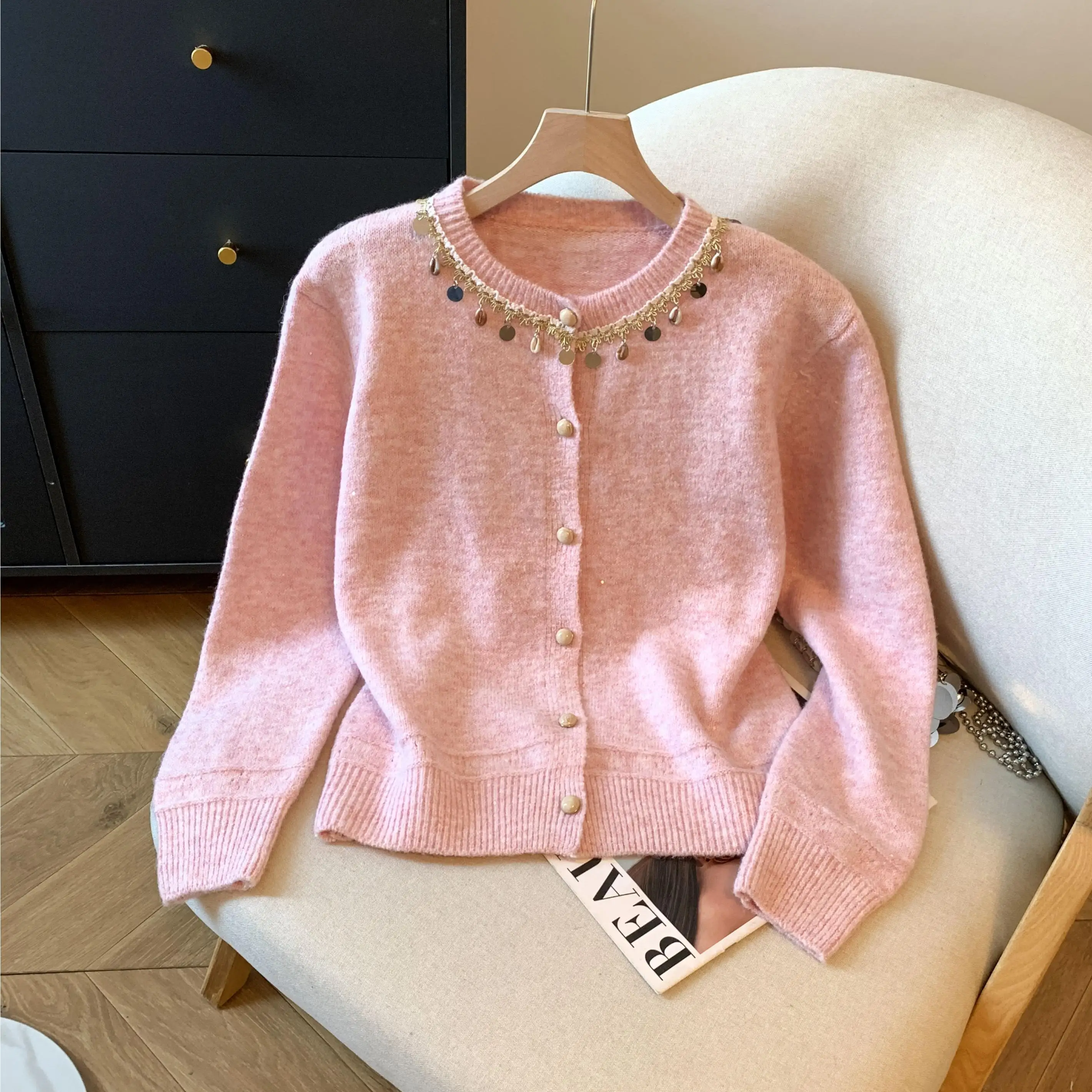 

Autumn Faion White Knitted Sweater Women's Cardigan Coat Long Sve round Ne Single Button Closure Warmth Emitting Top