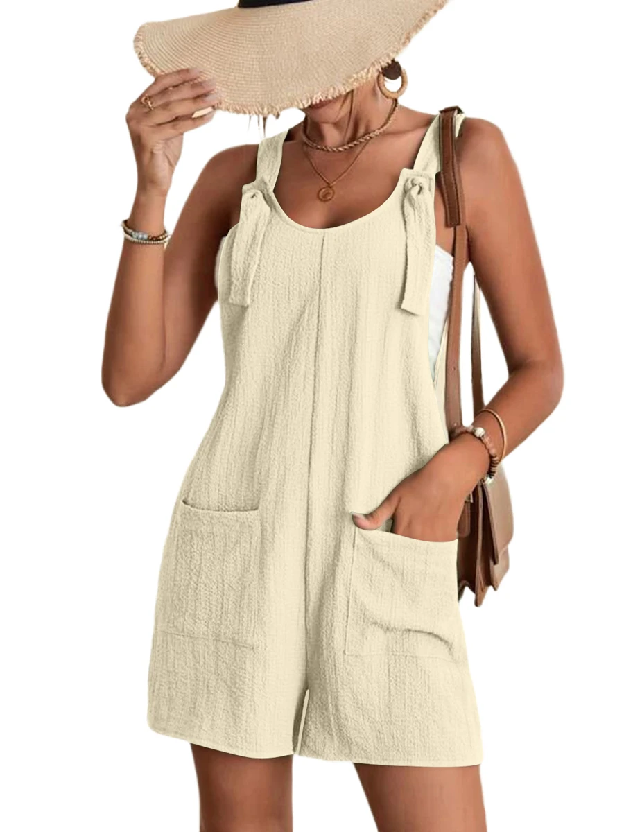 2024 Summer Women\'s Jumpsuit Overalls Short Loose Sleeveless Wide Leg Overall Solid Casual Daily Basic Romper with Pockets