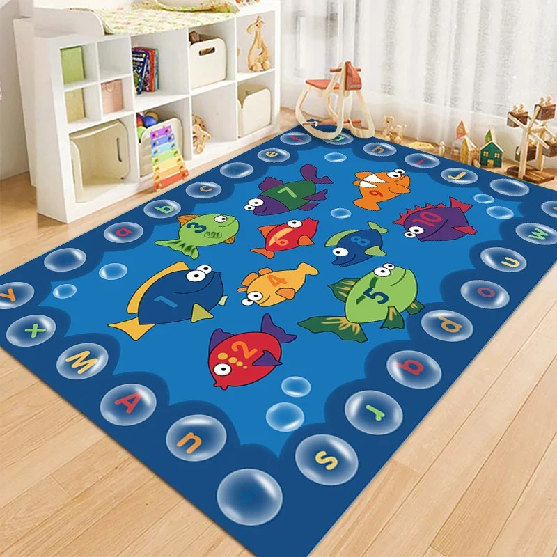 VIKAMA Educational Kids Area Rug Ocean Fish Alphabet Number Non Slip Play Floor Mat For Toddler Children Bedroom Playroom Carpet